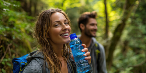 Naklejka premium Two joyful hikers taking a refreshing water break in a vibrant green forest, symbolizing healthy living, outdoor adventure, and the importance of hydration during nature exploration