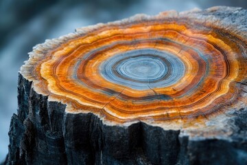 A tree stump with colorful, concentric rings, revealing years of growth and the beauty of nature's artistry.