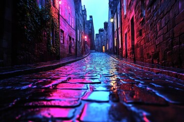 A cobbled street illuminated by vibrant pink and blue lights in a historic city at night.
