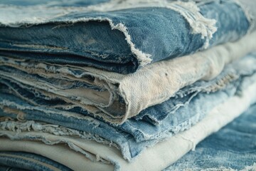 A textured stack of denim and light-colored fabric, showing raw edges and various shades of blue and white.