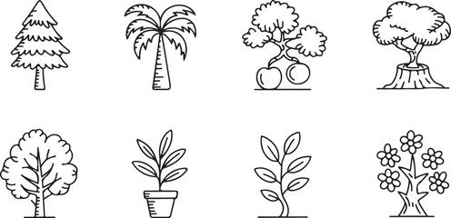 Collection of eight diverse hand drawn black and white line art illustrations of various trees and plants on a white background
