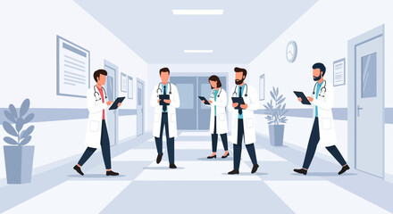 Healthcare Professionals Discussing Patient Records In Hospital Corridor