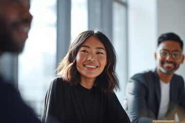 Happy diverse office team at an inclusive workplace event. Team building, corporate diversity, racial inclusion, and positive company culture for DEI and employee engagement SEO.