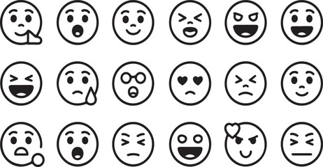 A collection of simple black and white line art emoji icons representing various emotions and expressions on a clean white background