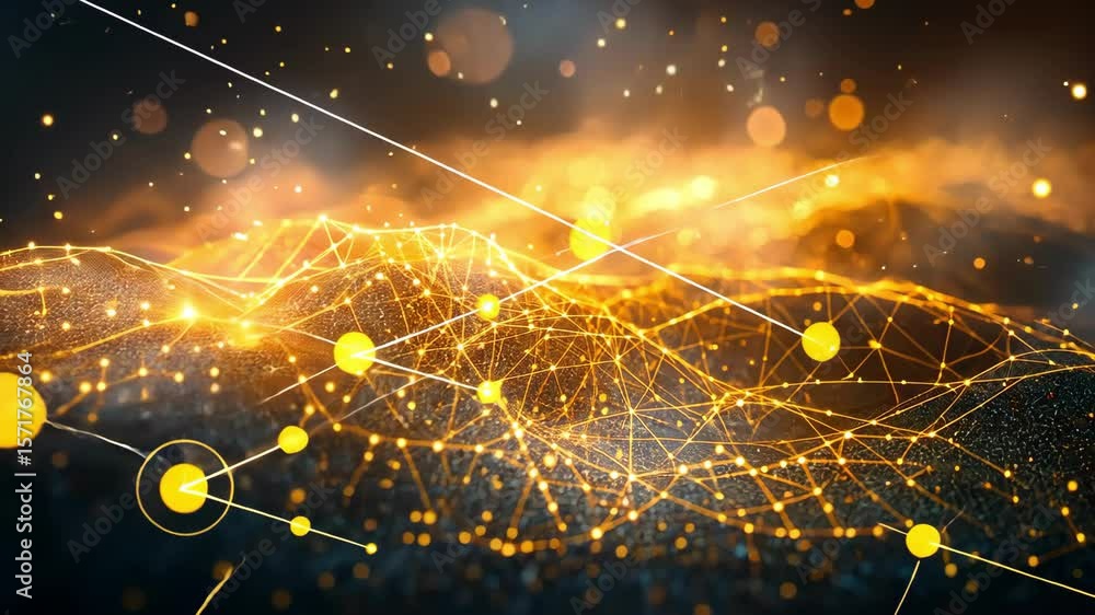 Poster abstract network connecting shiny, bright dots and blurry bokeh lights