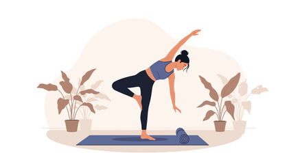 Woman In Balancing Yoga Pose Indoors With Plants For Home Workout