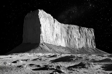 Monochrome image of a massive, layered cliff on a desolate, cratered landscape under a star-filled sky resembling a lunar or planetary surface.