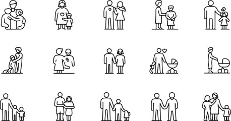 Collection of simple line art icons representing diverse family structures and parenting moments with children and babies
