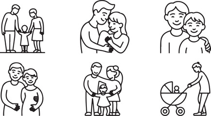 Collection of simple line art icons depicting diverse family units and parental care activities in minimalist style