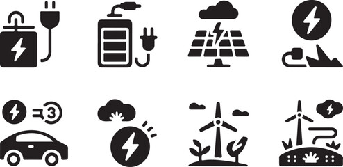 Set of black simple icons representing renewable energy sources and electric vehicle charging stations on a white background