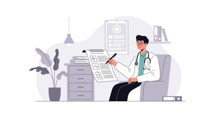Doctor Checking Patient Report In Office For Healthcare Illustration Concept