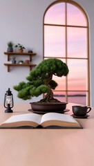 Tranquil Morning Serenity A Beautiful Bonsai Tree Beside an Open Book and Coffee Cup with a Stunning Sunset View