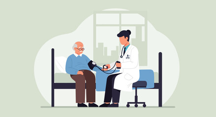 Doctor Checking Senior Patient's Blood Pressure in Hospital Room Illustration