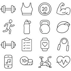 Fitness and Gym Line Icons – Workout, Dumbbell, Running, Heartbeat, Training
