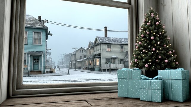 Cozy Winter Scene with Christmas Tree and Gifts Viewed through Frosty Vintage Window