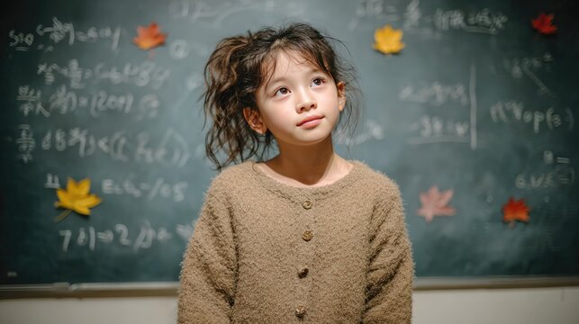 Thoughtful Child in Classroom with Chalkboard and Autumn Leaves