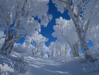 Snow-covered landscape with frosted trees under a clear blue sky, featuring a lone figure walking along a winding path, creating a serene winter atmosphere