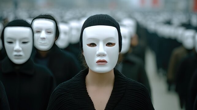 Masked Crowd: Anonymous Individuals in Uniform Black Outfits and White Masks