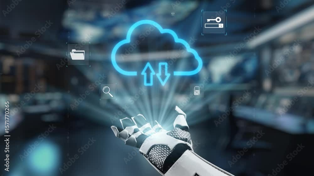 Poster a robotic hand extends toward a glowing cloud filled with digital icons, symbolizing data upload and