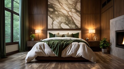 Obraz premium Warm taupe bedroom with layered marble panels on the walls, deep forest green bedding, and dark walnut flooring,