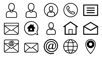 Collection of simple black outline icons for contact information and navigation
