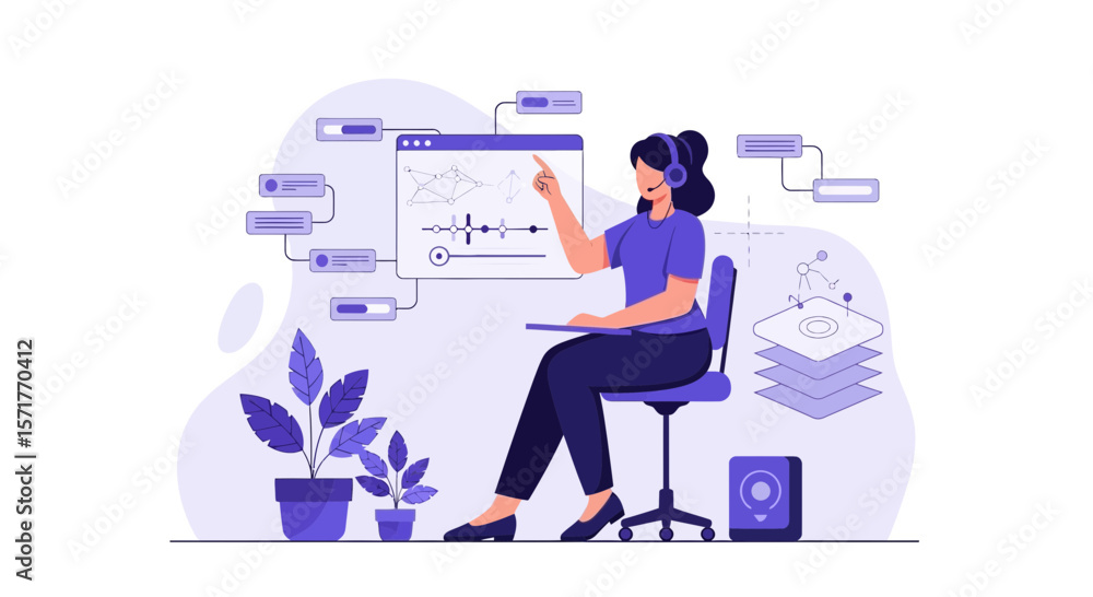 Poster woman working with data analysis presenting information in a virtual environment