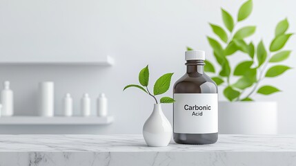 A sleek brown bottle of carbonic acid beside a small vase with a green leaf, set against a minimalist white backdrop.