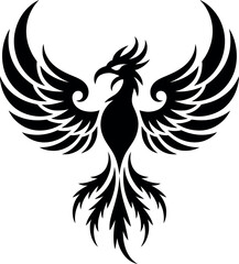 Fototapeta premium A stylized black phoenix with wings spread wide on a white background in a tattoo design style