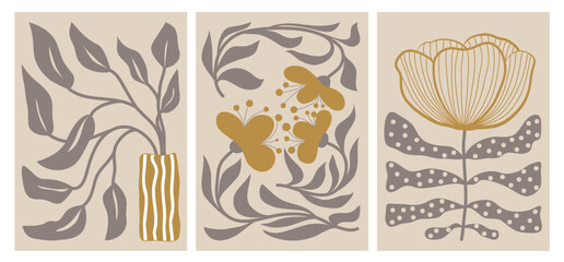 A set of modern abstract floral posters. Nerdy naive groovy funky wall paintings. Vector flat illustration for interior, paintings, postcards, covers, tee print, wallpaper, hippie-style flower show.