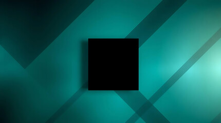 A sleek black square against a modern teal abstract background with geometric lines