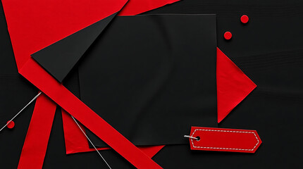 A striking abstract design featuring bold red and black geometric shapes on a dark background