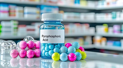 Colorful chemistry: A bottle of pyrophosphoric acid surrounded by vibrant lab spheres, showcasing a bright lab setting.