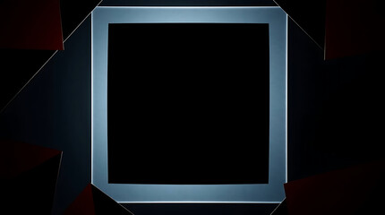 A striking blueframed square is set against a dark backdrop with geometric shapes, creating a modern abstract design