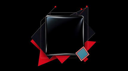A glossy black square is surrounded by red geometric shapes on a stark black background