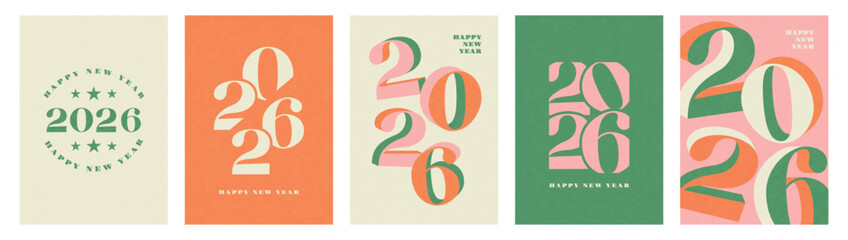 Set of New Year 2026 greeting card designs in a modern retro typographic style. Creative abstract layouts for festive posters, postcards, social media posts, and stories, vector illustration. © Liliya