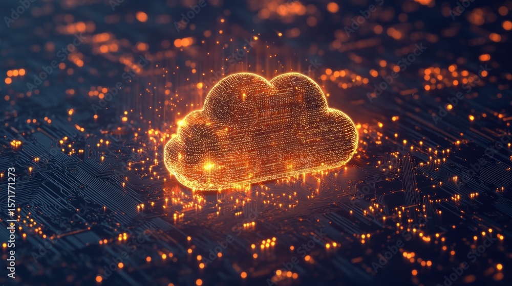 Poster glowing data particles form a cloud, symbolizing tech evolution