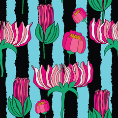pink flowers and buds with abstract black stripes seamless pattern. pink roses garden theme flowers on black abstract stripes seamless pattern