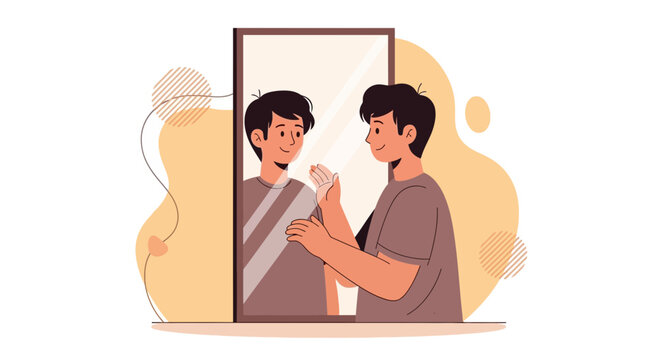 Young Man Looking In Mirror At His Reflection Showing Self Acceptance