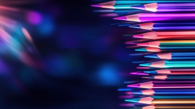 Vibrant colored pencils arranged in a row against a dark background