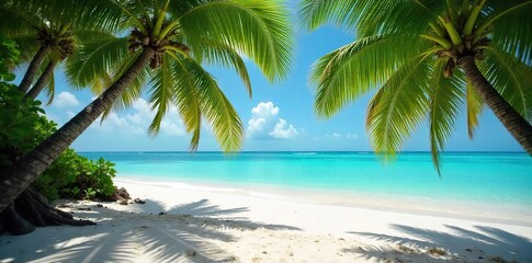 Sun-Drenched Maldives Beach Turquoise Waters Lap Gently on Pristine White Sand, Lush Tropical Foliage Provides Shade - Perfect Summer Vacation Paradise