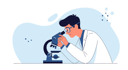 Young Scientist Analyzing Sample Through Microscope In Laboratory Illustration