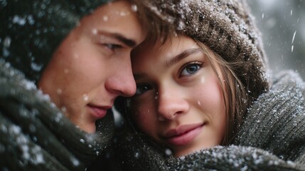 Couple enjoys a romantic moment in a snowy landscape during winter