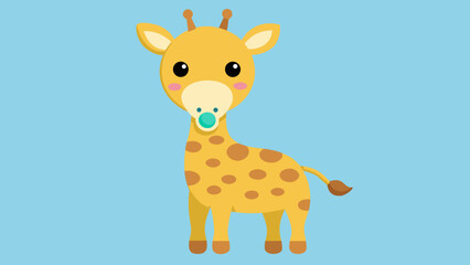 Cute cartoon baby giraffe with a pacifier on a light blue background