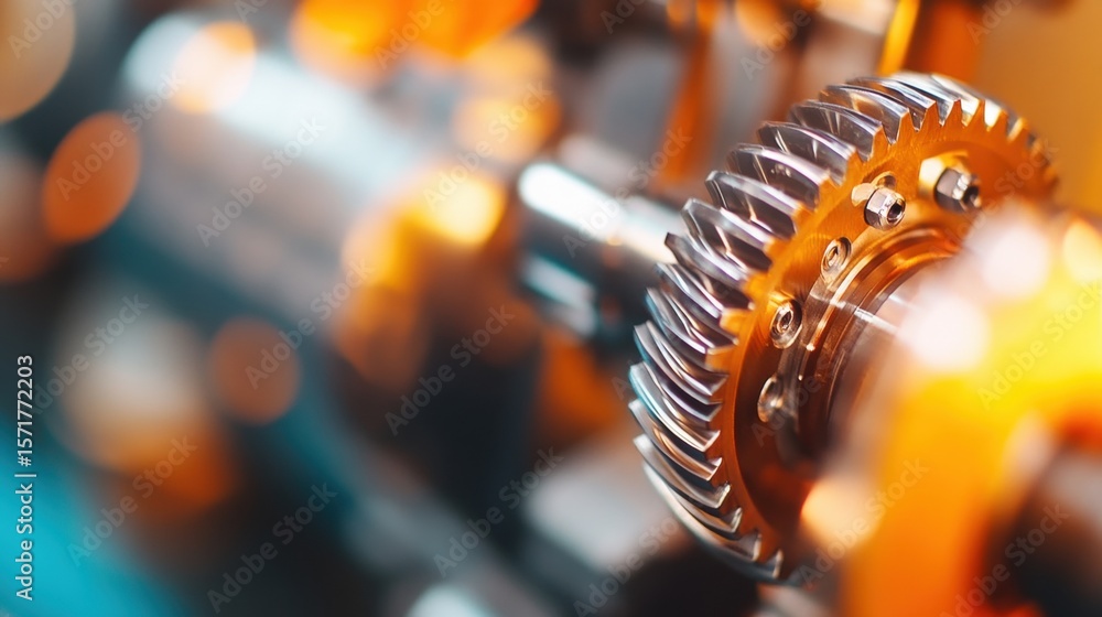 Poster close-up view of intricate gear inside a machinery workshop setting