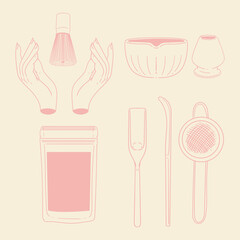 Matcha tea illustration set. Original hand-drawn green tea illustrations featuring matcha brewing utensils, a bamboo whisk, and a Japanese matcha tea brush—perfect for posters, cards, and cafes.