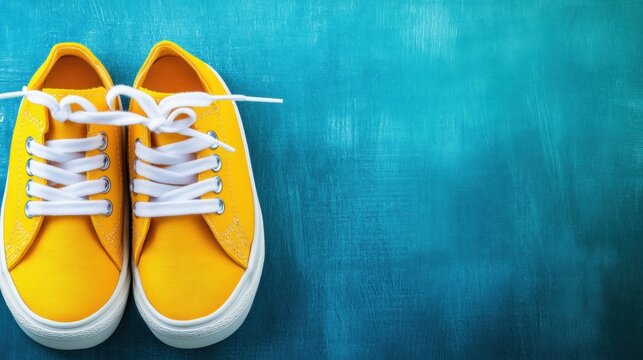 Bright yellow sneakers resting on a vibrant blue surface with laces tied - Powered by Adobe
