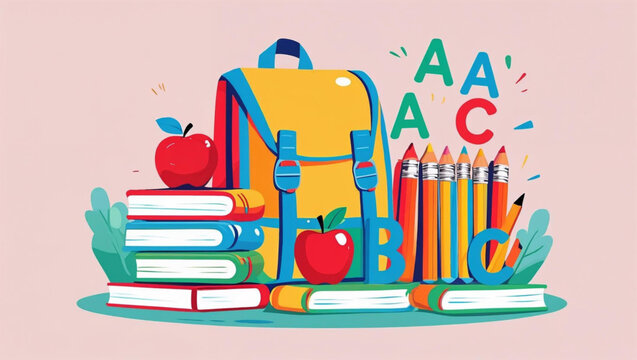 Einschulung &ndash; Bunte Vektorillustration zum Schulstart mit Schultasche und Lernmaterial