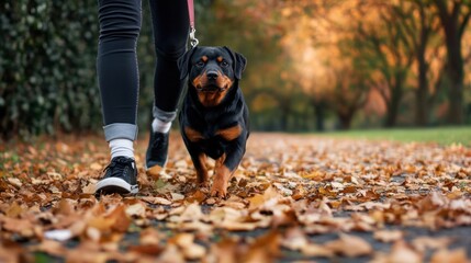 Walking a Rottweiler through a colorful autumn park on a crisp day
