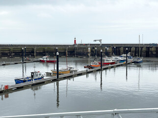Watchet, UK, March 15, 2025. Watchet harbour with boats, coastal village, Somerset coast, England
