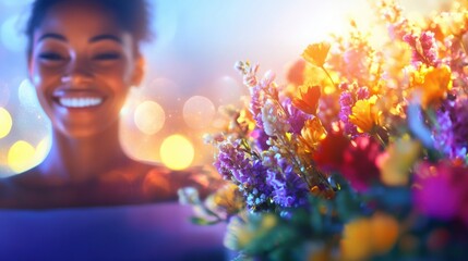 Joyful woman smiling amidst a vibrant bouquet of flowers at sunset